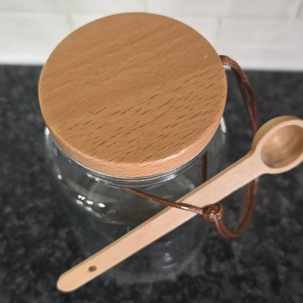 Target Brand Glass Bath Salt Jar with Wood Lid & attached Wooden Spoon